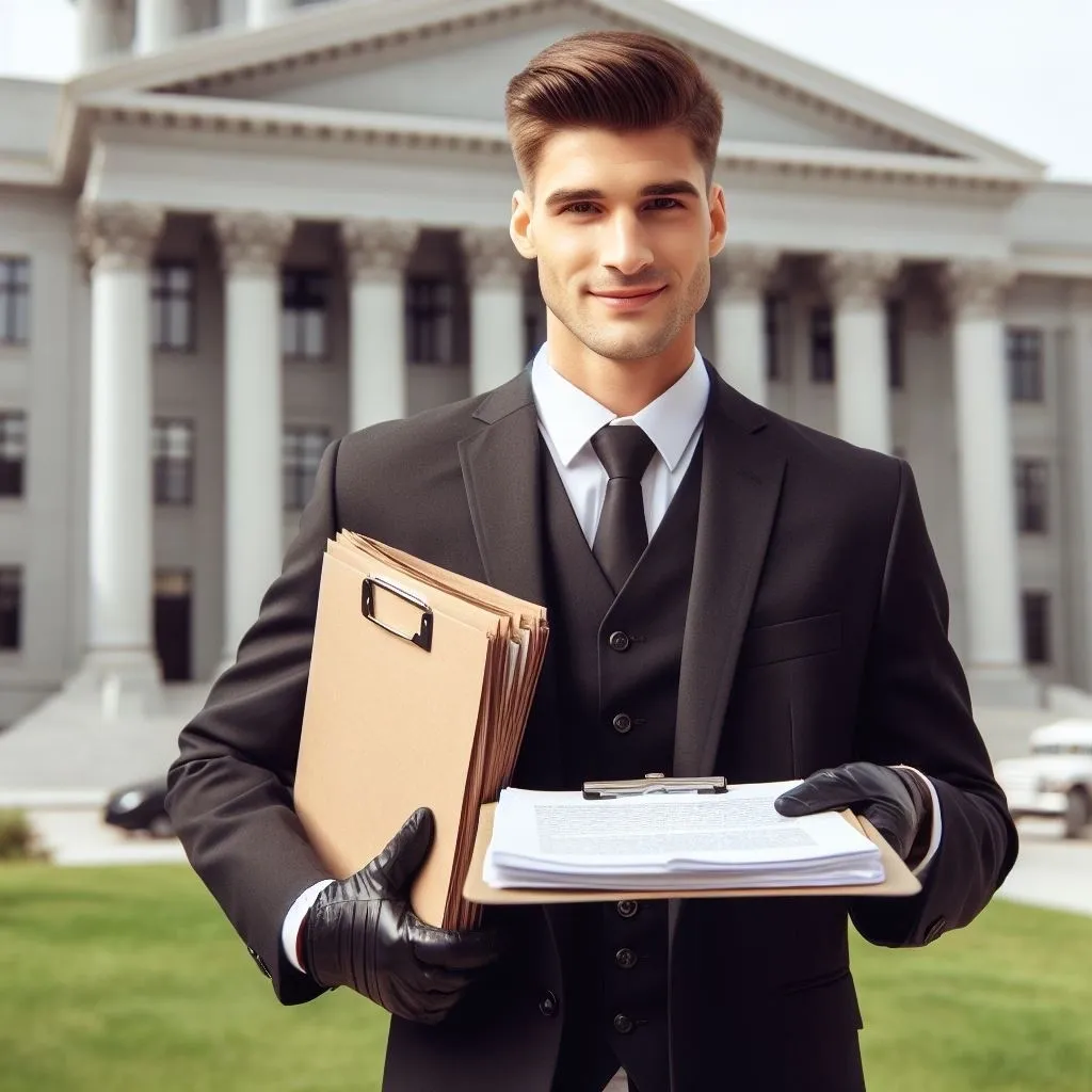 Professional process server holding legal documents, ready to serve them, with a courthouse in the background.