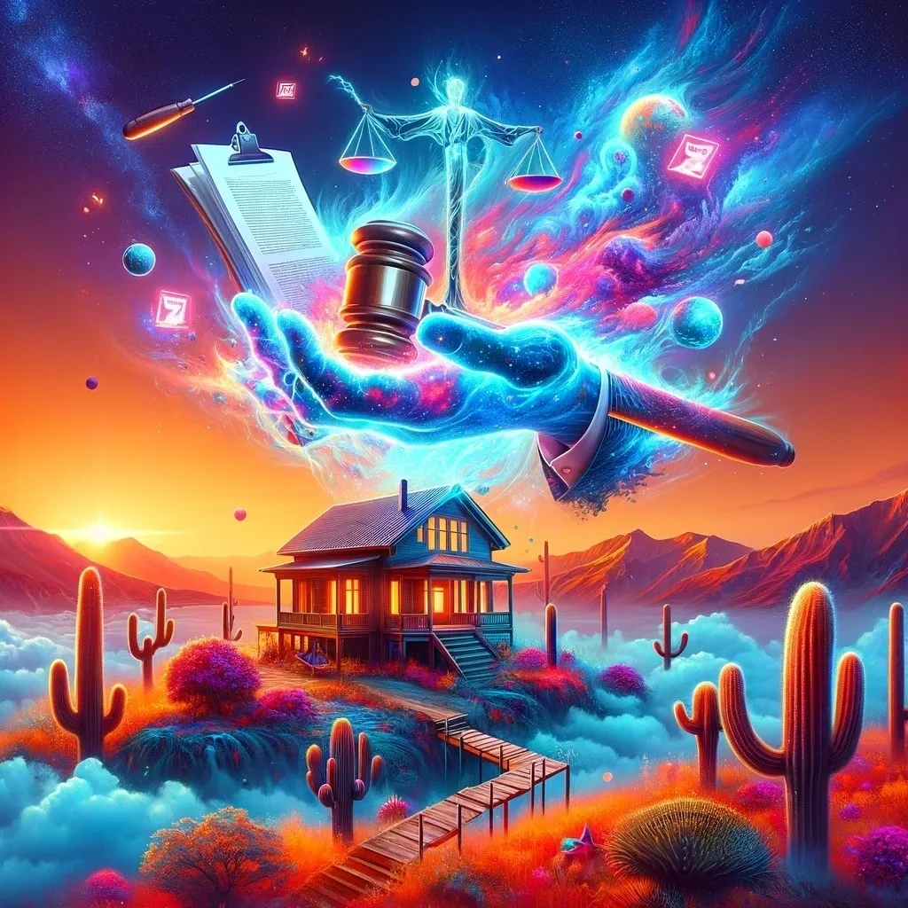 Creative Arizona Property Law Graphic with Surreal Landscape, Ethereal Legal Symbols, and Vibrant Colors for Social Media Engagement.
