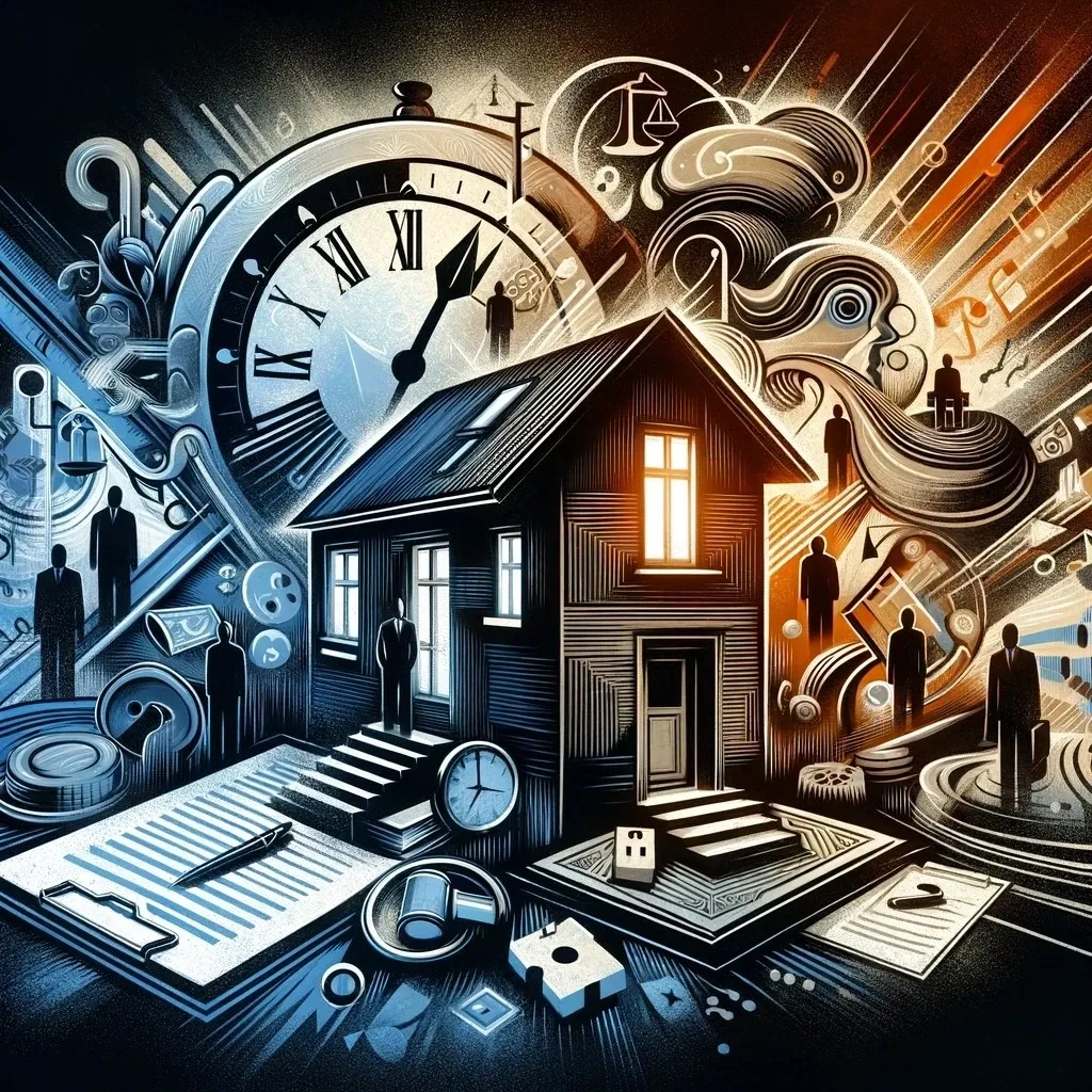 Abstract representation of 'Adverse Possession - More Than Just Squatting', featuring a house overlapped with legal documents, a clock symbolizing time, and figures depicting the concept of possession.