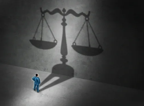 A shadowed process server juxtaposed with imbalanced legal scales, representing the challenges and controversies inherent to their profession in the justice system.