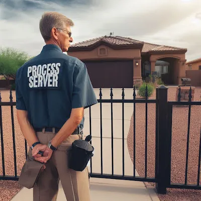 An experienced process server waits respectfully outside a gated home in Arizona, demonstrating the balance between duty and respecting private boundaries.