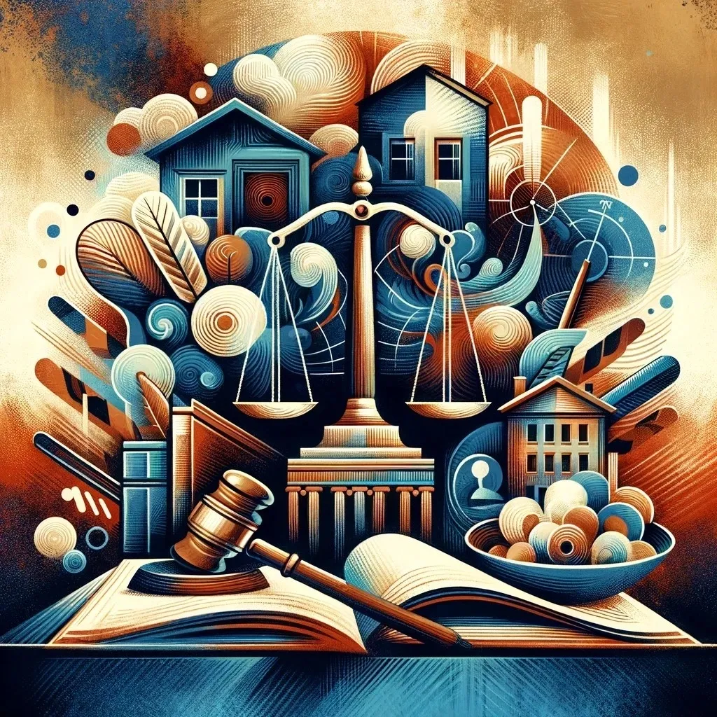 Symbolic artwork depicting legal recourse for property owners in Arizona, featuring scales of justice, a gavel, and legal document symbols, embodying the theme of legal empowerment in a style reflective of the Arizona environment.