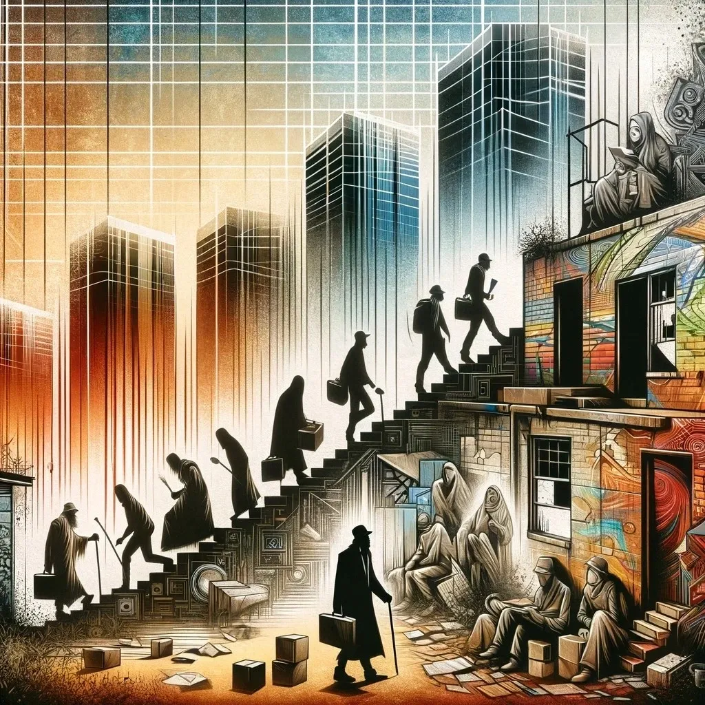 Abstract art depicting the evolution of squatting in Arizona, contrasting images of old derelict buildings with modern setups and figures representing traditional and professional squatters.