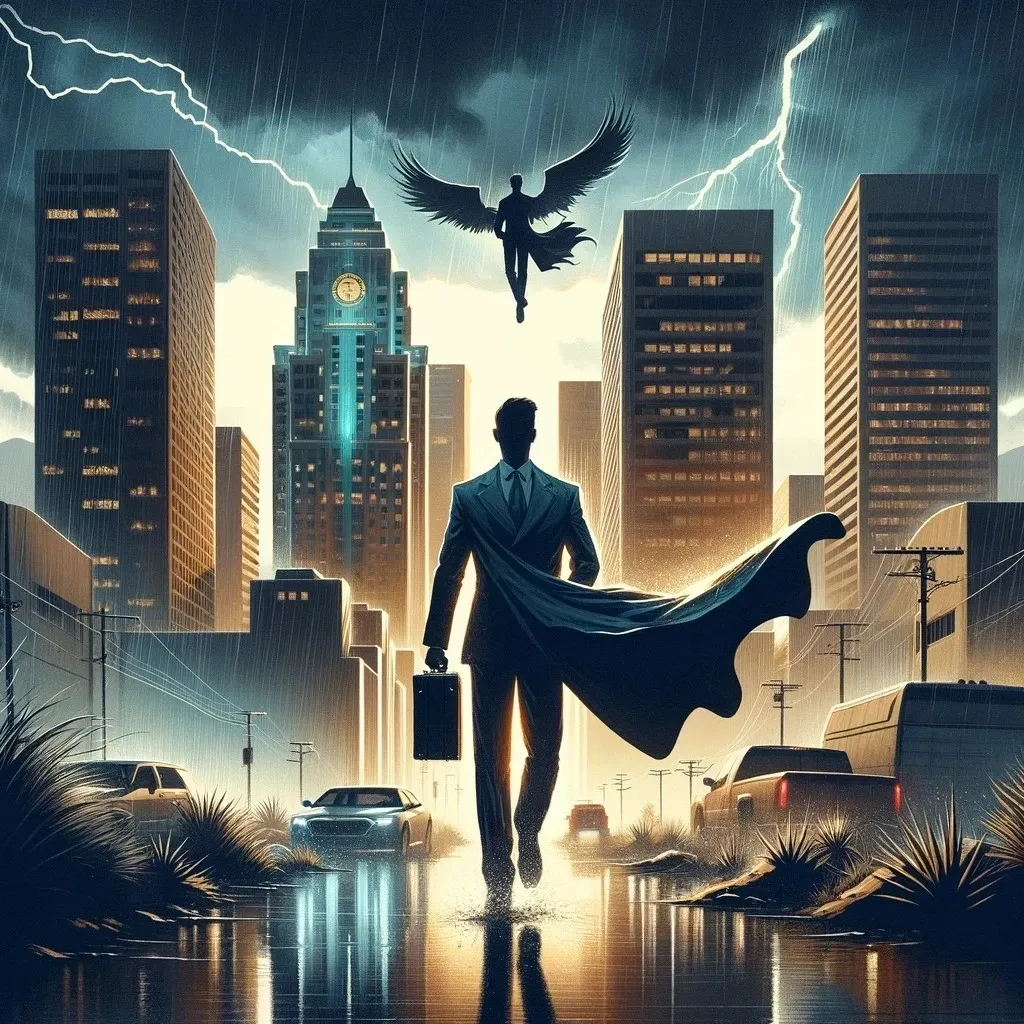 A process server is silhouetted against Phoenix's changing landscapes, showcasing determination through a monsoon, confidence in a high-rise, and diligence at twilight.