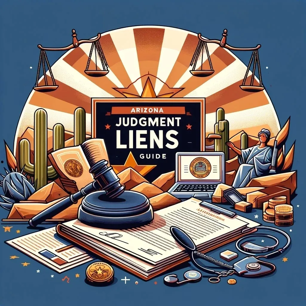 Graphic for Arizona Judgment Liens Guide featuring desert landscape, state flag, gavel, scales of justice, and legal documents, symbolizing the legal landscape of Phoenix and Maricopa County.