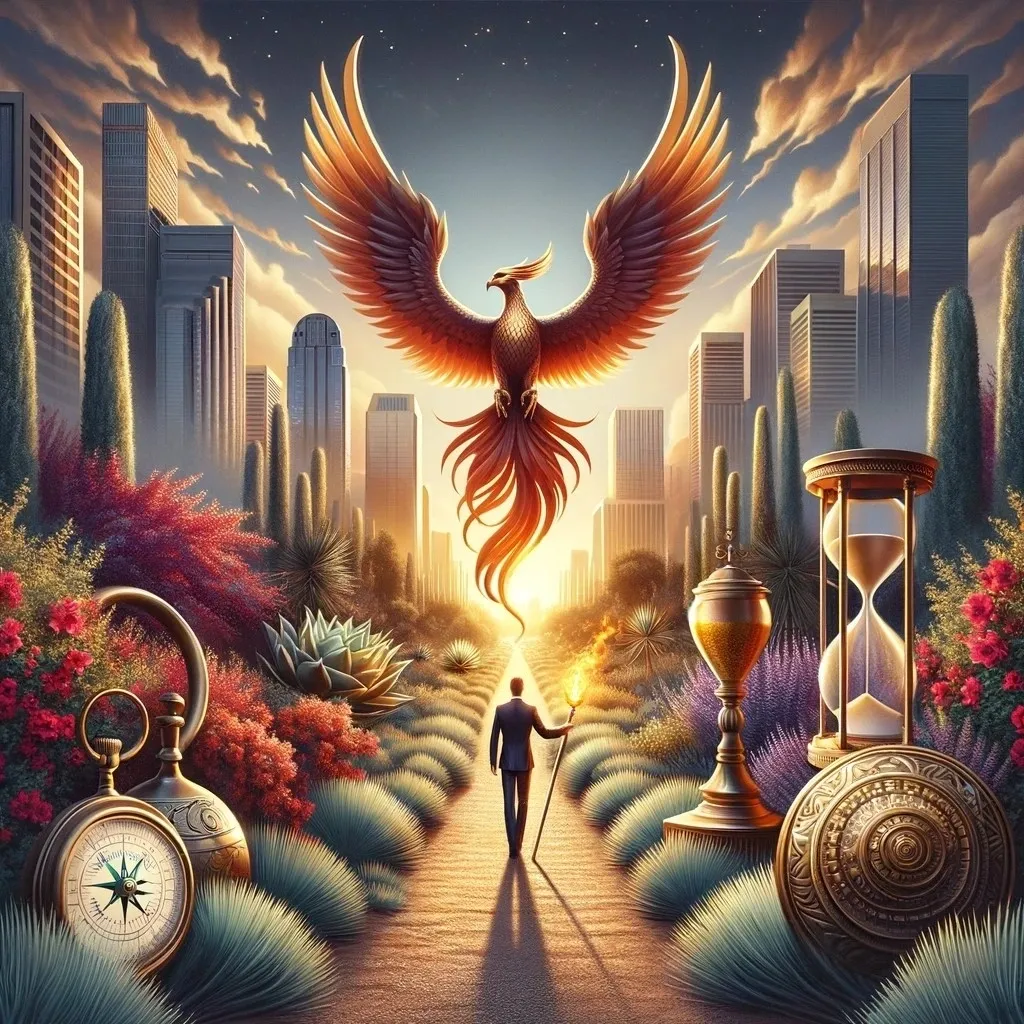 An elegant image blending a desert pathway lined with sage and bougainvillea leading to a Phoenix urban skyline, with a figure holding a beacon of light, and a detailed Phoenix soaring in the sunset sky.
