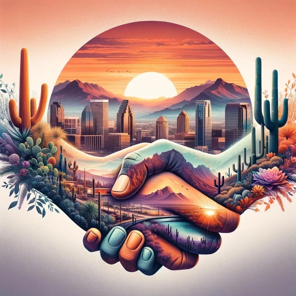 The image features a creative blend of urban and natural elements within a handshake motif, symbolizing partnership in the Phoenix real estate market. One hand morphs into the city skyline with prominent buildings, while the other showcases desert features such as cacti and mountains, with a sunset backdrop. The title and subtitle are prominently displayed, complemented by a color palette that merges the warm desert tones with the cool hues of the city.