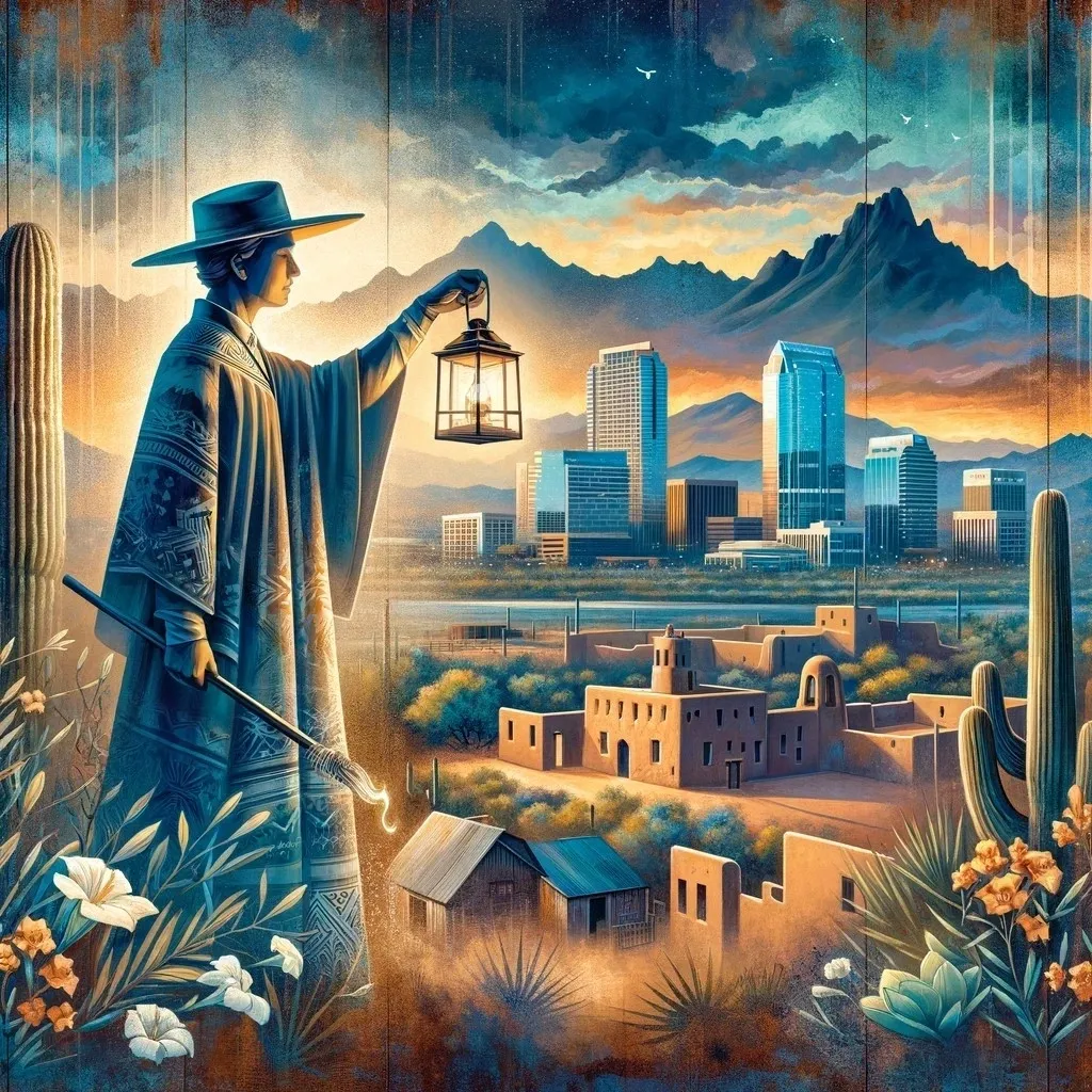 An evocative illustration depicting the evolution of Phoenix, with a figure symbolizing The Process Server, blending Southwestern tradition with modernity, set against a twilight desert skyline transitioning to urban architecture.