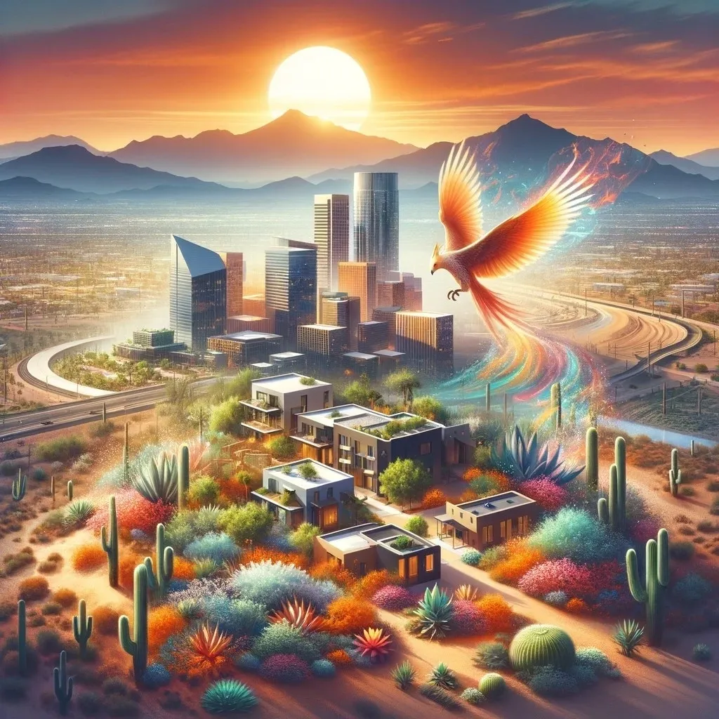 A vivid image blending Phoenix's desert landscape with an urban residential area, featuring diverse housing and a Phoenix bird in flight at sunset, symbolizing growth in the rental market.